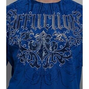 Affliction Artifact Dark Blue Graphic LongSleeve Shirt Men Sz L Silver Foil A118